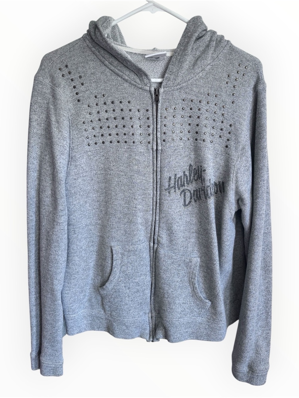 Harley-Davidson Heather Gray Studded Zip-Up Biker Hoodie | Est Size M